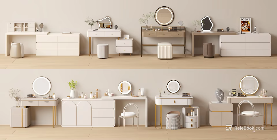 Modern Dressing Tables Interior Design With Round Mirrors Drawers Stools And Decorative Items 3d model 
