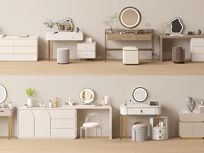 Modern Dressing Tables Interior Design With Round Mirrors Drawers Stools And Decorative Items 3d model
