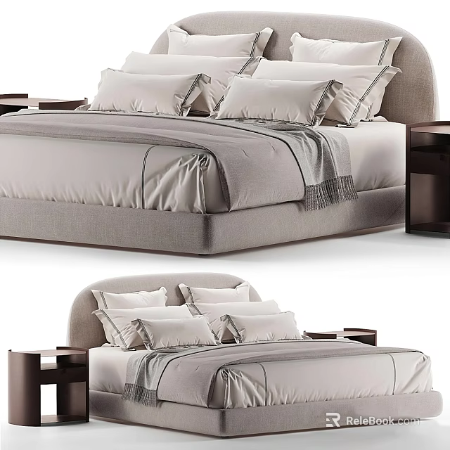 Modern Double Bed With Light Gray Bedding Multiple Pillows And Bedside Tables 3d model 