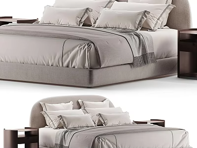 Modern Double Bed With Light Gray Bedding Multiple Pillows And Bedside Tables 3d model
