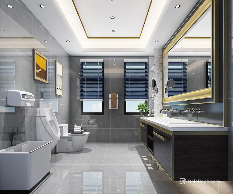 Modern Luxury Grey Tiled Bathroom Interior Design With Smart Toilet And Elegant Double Sink Vanity 3d model 