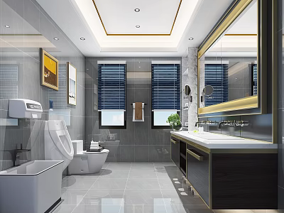 Modern Luxury Grey Tiled Bathroom Interior Design With Smart Toilet And Elegant Double Sink Vanity 3d model