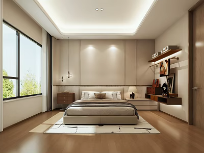 Modern Bedroom Interior Design With Wall Paneling Large Bed Window And Wooden Floor 3d model