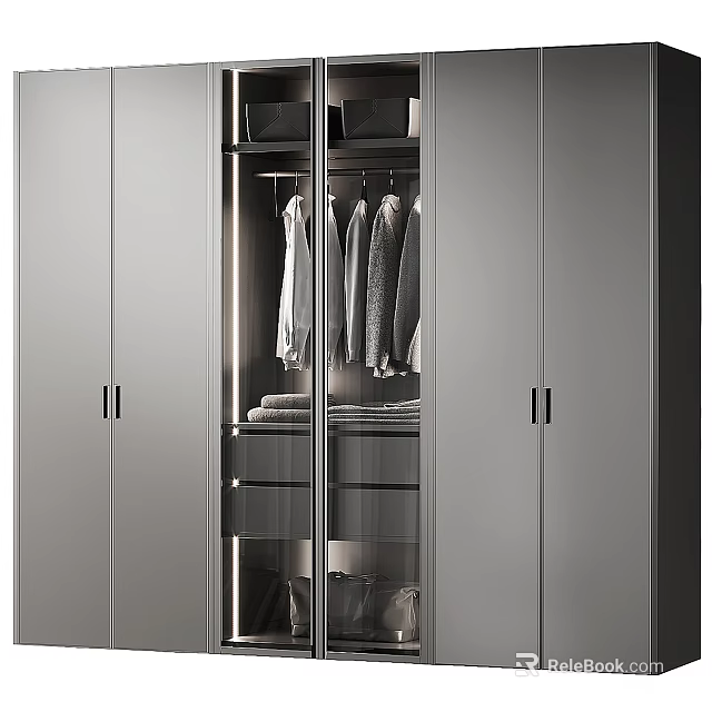 Modern Gray Wardrobe Interior With Glass Doors Hanging Clothes And Storage Drawers 3d model 