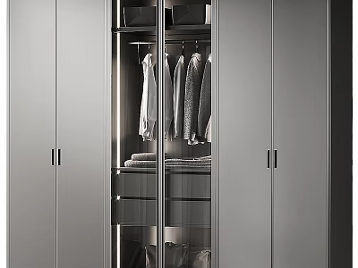 Modern Gray Wardrobe Interior With Glass Doors Hanging Clothes And Storage Drawers 3d model