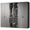 Modern Gray Wardrobe Interior With Glass Doors Hanging Clothes And Storage Drawers