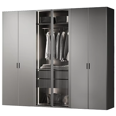 Modern Gray Wardrobe Interior With Glass Doors Hanging Clothes And Storage Drawers 3d model