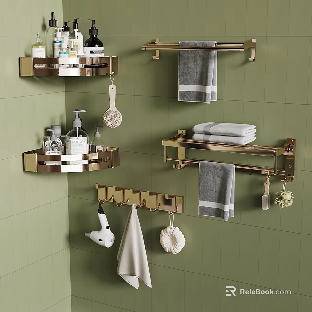Elegant Modern Bathroom Accessories With Golden Racks Towels And Green Wall 3d model 