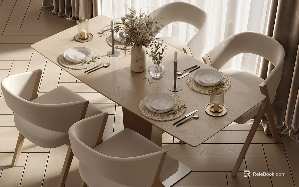 Modern Dining Table Set With Beige Chairs Placemats And Decorative Vase Candles 3d model 