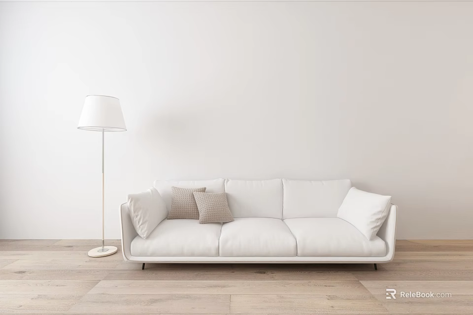 White Three Seater Sofa With Floor Lamp Cushions White Wall And Wooden Floor 3d model 