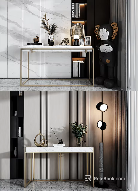 Modern Console Table Design With Marble Surface Metal Frame And Decorative Lamp 3d model