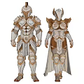 Two Armor Models in Golden and Silver Ornate Armor with Decorative Plates and Cloak