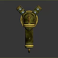 Golden Blue Glowing Fantasy Pistol With Spiral Spring Mechanical Handle And Shiny Metal Parts