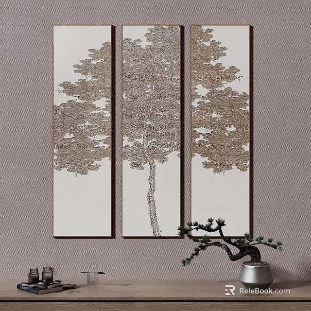Three Panel Tree Wall Art With Golden Leaf Design And Light Background 3d model
