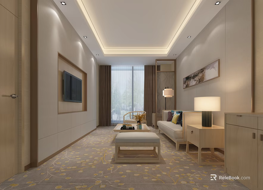 Modern Living Room Interior With TV Sofa Coffee Table And Floor to Ceiling Windows 3d model 