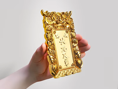 Traditional Golden Sculpted Plaque with Intricate Carving Patterns Held in Hand 3d model