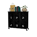 Dark Locker Cabinet With Numbered Compartments Wheels And Top Shelf Shopping Bag Books Potted Plant