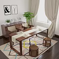 Modern Wooden Dining Table Set With Chairs Colorful Rug Potted Plant And Curtains