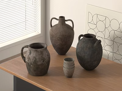 Vintage Ceramic Vessels Displayed On Wooden Table With Window Blinds And Geometric Art 3d model