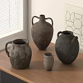 Vintage Ceramic Vessels Displayed On Wooden Table With Window Blinds And Geometric Art