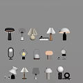 Various Modern Table Lamps With Unique Shapes And Metal Ceramic Bases Displayed On White Shelves