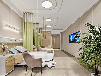 Modern Hospital Ward Interior With Comfortable Bed TV Green Curtains And Potted Plant 3d model