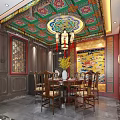Chinese Classical Private Dining Room With Painted Ceiling Carved Red Gold Walls And Chandelier