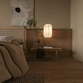 Minimalist Hotel Guest Room Interior With Wooden Ceiling Beams Bedside Lamps And Decorative Art