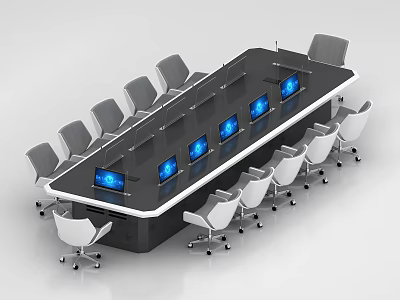 Modern Monitoring Room With Multiple Screens And Control Console Layout 3d model