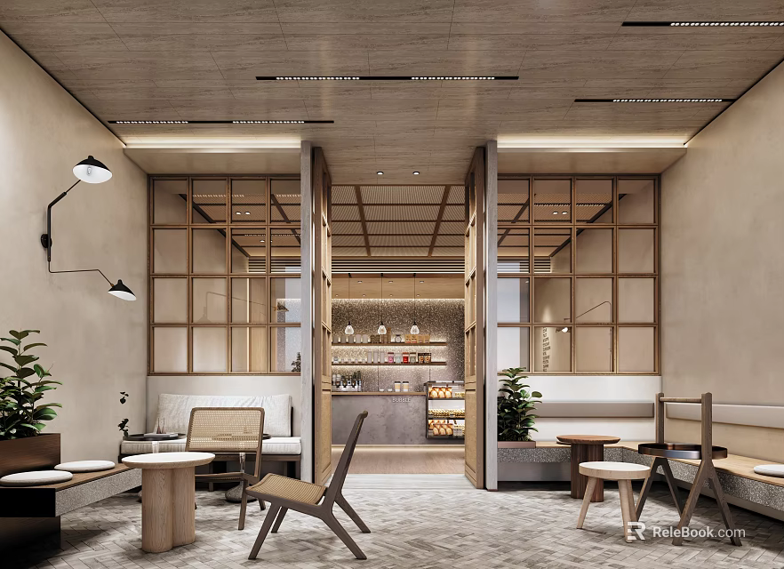 Modern Café Interior Design With Wooden Frames Open Layout Tables Chairs Plants And Lighting 3d model 