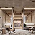 Modern Café Interior Design With Wooden Frames Open Layout Tables Chairs Plants And Lighting