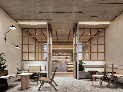 Modern Café Interior Design With Wooden Frames Open Layout Tables Chairs Plants And Lighting 3d model