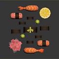Shrimp Sushi And Various Sushi Rolls With Lemon Slice And Decorative Flower