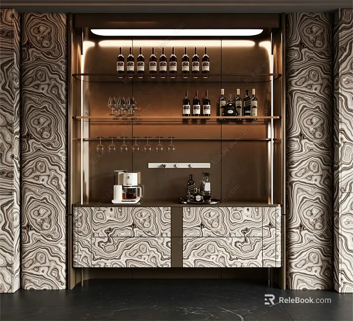 Modern Wine Cabinet With Metal Frame Marble Panel Wine Bottles And Hanging Glasses 3d model 