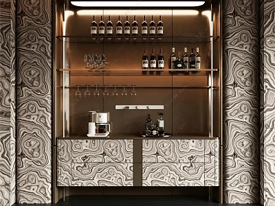 Modern Wine Cabinet With Metal Frame Marble Panel Wine Bottles And Hanging Glasses 3d model