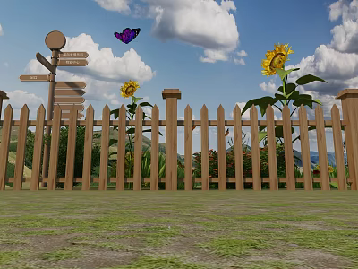 Wooden Garden Fence With Sunflowers Butterfly Signpost And Green Grass Under Blue Sky 3d model