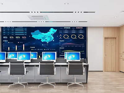 Modern Monitoring Room With Large Screen Multiple Monitors Data Charts Map And Workstations 3d model