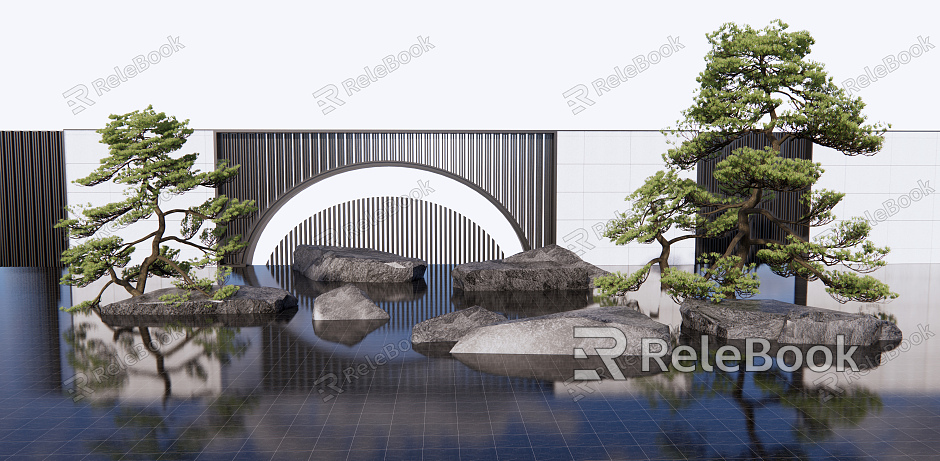 New Chinese style landscape sketch rockery stone waterscape wall pine landscape tree courtyard landscape sketch model