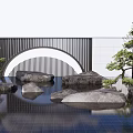 Garden Wall with Arched Structure Vertical Slat Design Stones Water Pond and Pine Trees