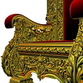 Intricate Golden Carved Throne With Red Upholstered Seat And Armrests
