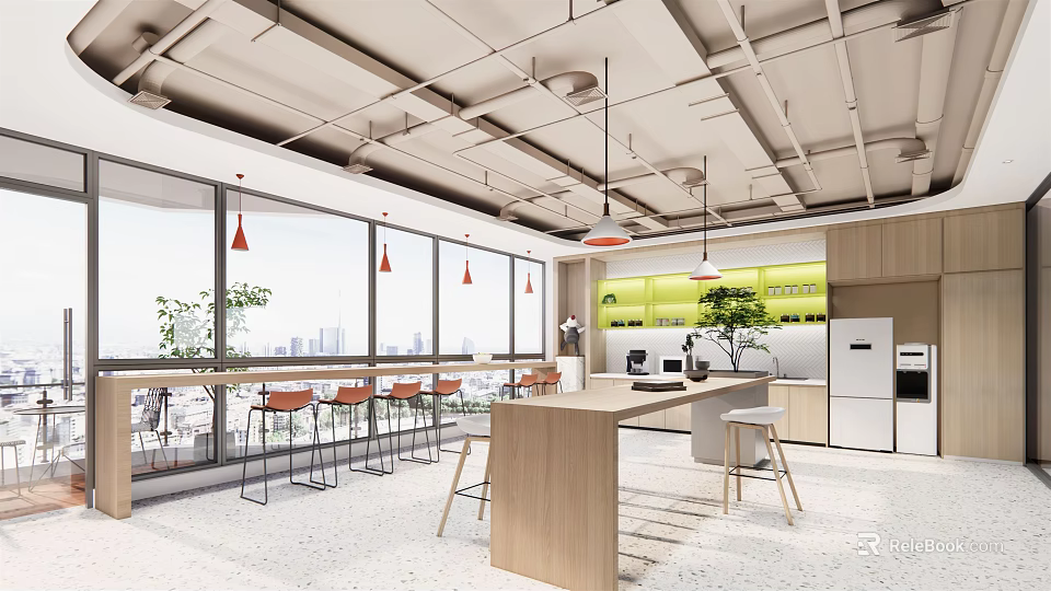 Modern Office Break Room With Large Windows City View Wooden Counter And Green Plants 3d model 