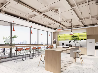 Modern Office Break Room With Large Windows City View Wooden Counter And Green Plants 3d model