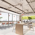 Modern Office Break Room With Large Windows City View Wooden Counter And Green Plants