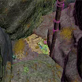 Natural Cave Interior With Rough Rock Walls Wooden Pole And Scattered Stone Blocks