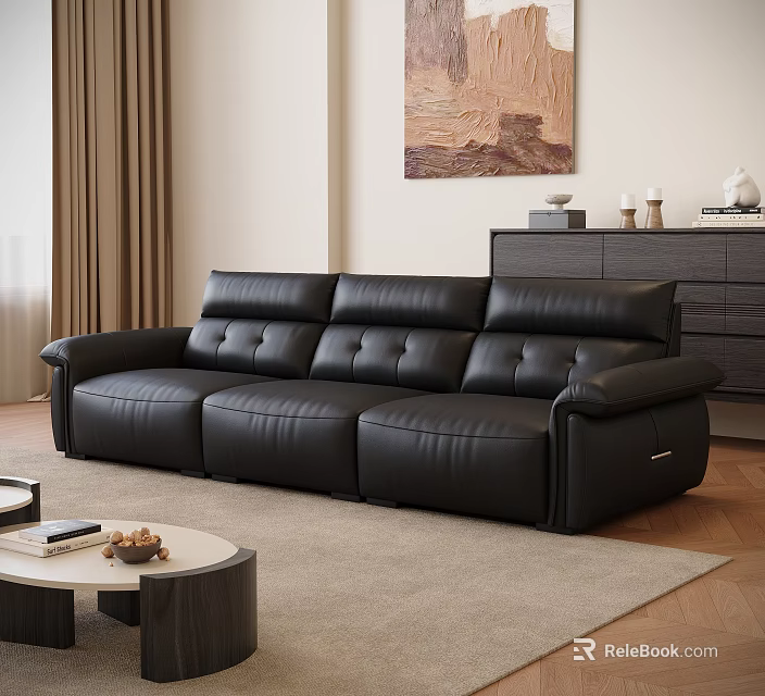 Modern Living Room Interior Design With Black Leather Sofa Coffee Table And Wall Painting 3d model 