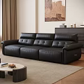 Modern Living Room Interior Design With Black Leather Sofa Coffee Table And Wall Painting