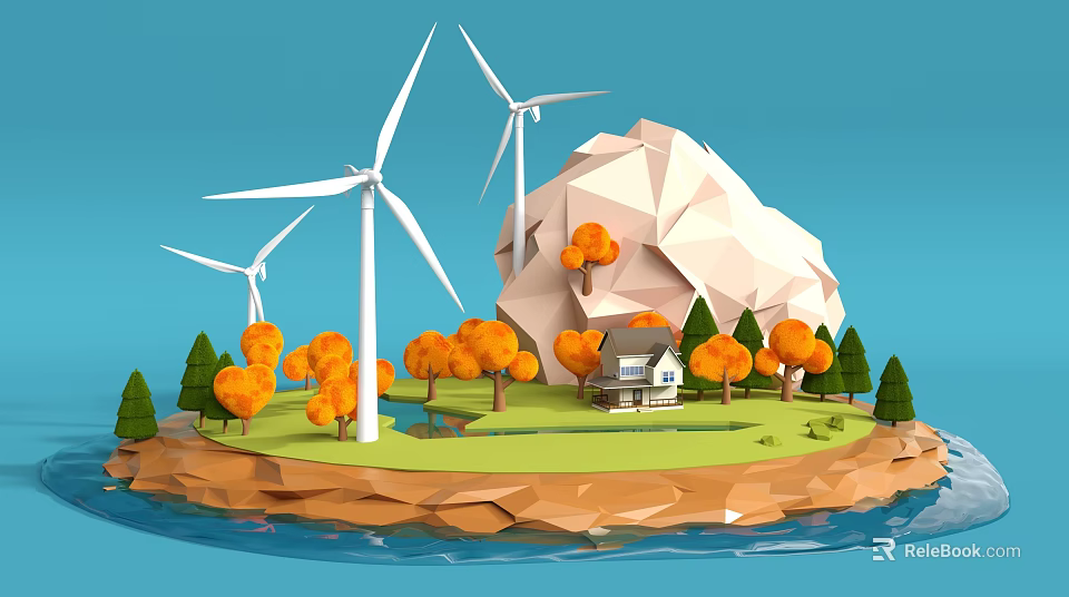 Low Poly Modern Scene With Wind Turbines Orange Trees Small House Water And Polygonal Mountain 3d model 