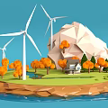 Low Poly Modern Scene With Wind Turbines Orange Trees Small House Water And Polygonal Mountain