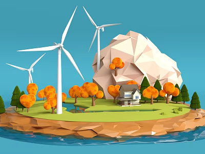 Low Poly Modern Scene With Wind Turbines Orange Trees Small House Water And Polygonal Mountain 3d model