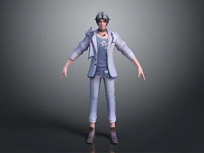 3D Model Man Wearing Light Blue Shirt Light Gray Coat Pants And Dark Brown Shoes 3d model